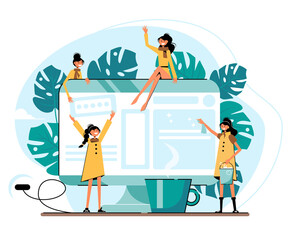 Modern web design concept with monitor and little women. Vector illustration