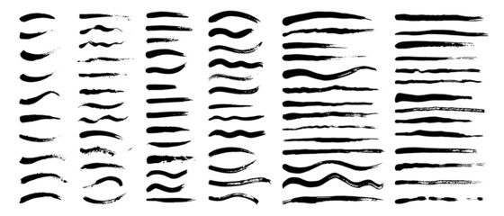 Vector set of grunge artistic brush strokes, brushes. Creative design elements. Long, short, edged black lines.