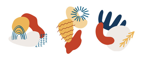 Abstract organic shapes,minimalist elements, hand drawn lines in pastel colors. Modern abstract design set for social media stories, posters, branding. Vector illustration isolated on white background