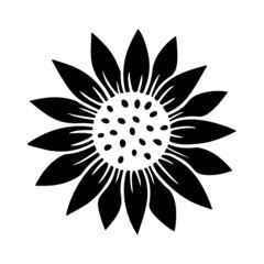 Sunflower simple icon. Flower silhouette vector illustration. Sunflower graphic logo, hand drawn icon for packaging, decor. Petals frame, black silhouette isolated on white background.