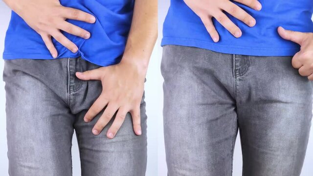 Before and after pain in the bladder. Conceptual shot. On the left, the man grabbed his bladder in pain, and on the right, everything had already passed. Treatment of urinary and reproductive system