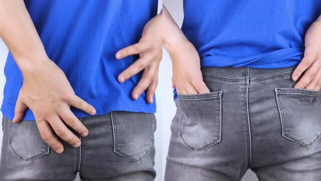 Before and after pain in ass. Conceptual shot of anal problems. On left, the man grabbed his butt in pain, and on the right, everything had already passed. Treatment of hemorrhoids and rectal fissures