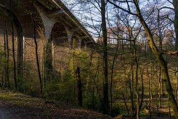 Fototapeta premium View at the A3 motorway bridge crossing the Angertal in Ratingen, North Rhine-Westphalia, Germany