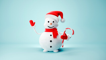 Cute Snowman in Santa Claus hat on light pastel background - 3D, render. Christmas and New Year symbol with gifts and candy. Greeting card, banner, template with copy space.