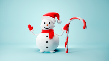 Cute Snowman in Santa Claus hat on light pastel background - 3D, render. Christmas and New Year symbol with gifts and candy. Greeting card, banner, template with copy space.