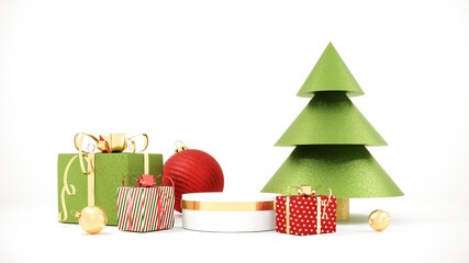 Christmas background with gold platform, toys. New Year greeting card, poster, banner with red gift boxes, presents - 3D, render. Showcase, podium, pedestal for products, shop windows and magazines. 