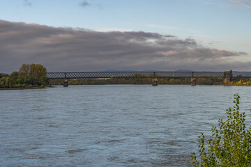 View from Engers at the railway bridge in Urmitz, Rhineland-Palatine, Germany