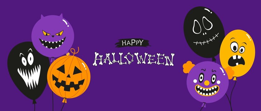 Cartoon spooky bones Halloween letters. Ballon with evil clown face, pumpkin, ghost, cat.
