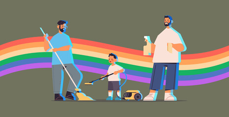 male parents cleaning house with little son gay family transgender love LGBT community concept