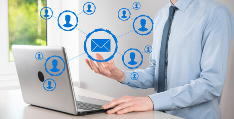 Email and user icon,sign,symbol marketing or newsletter concept, diagram.Sending email.Bulk mail.Email and sms marketing concept. Scheme of direct sales in business. List of clients for mailing.