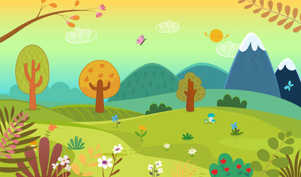 Spring or Summer field or park with trees, flowering plants and flowers in the meadow, mountains in the background, cover, cartoon kids style flyer