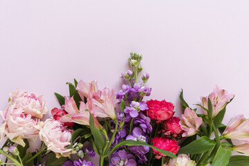 Aesthetic background with colourful red and pink rose flowers on pink background. Beautiful floral composition