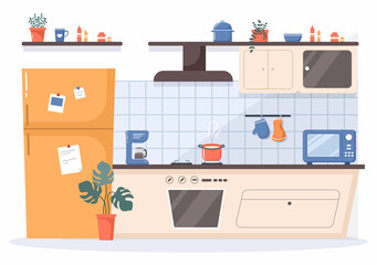 Kitchen Room Background Vector Illustration with Furniture, Equipment and Interiors Modern Style in Flat Design