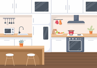 Kitchen Room Background Vector Illustration with Furniture, Equipment and Interiors Modern Style in Flat Design