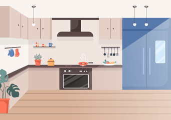 Kitchen Room Background Vector Illustration with Furniture, Equipment and Interiors Modern Style in Flat Design