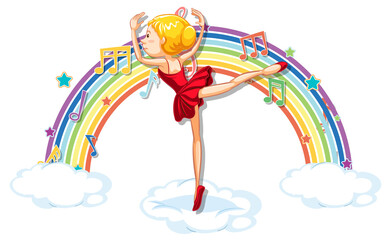 Ballerina dancing on the cloud with melody symbols on rainbow