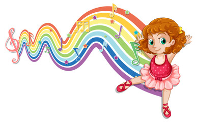 Ballerina with melody symbols on rainbow wave