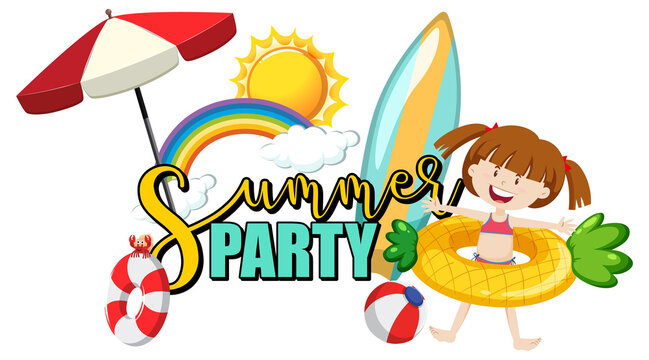 Summer Party text with a girl cartoon character and beach items isolated