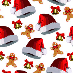Santas hat, Christmas bells and gingerbread man vector seamless pattern