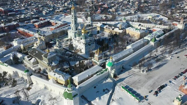 Winter view from a drone of the Trinity-Sergius Lavra and residential areas of the city of Sergiev Posad, Russia.