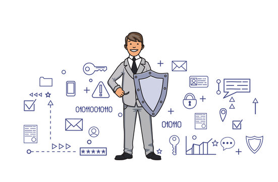 A man in a business suit with a shield surrounded by icons on the topic of cybersecurity and personal data protection. Vector illustration, isolated on white.