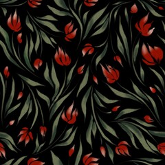 Dark seamless pattern with red flowers. Abstract design for fabric, textile, wallpaper and packaging 