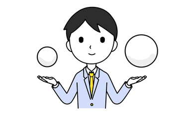 両手にモノを持って比べる男性