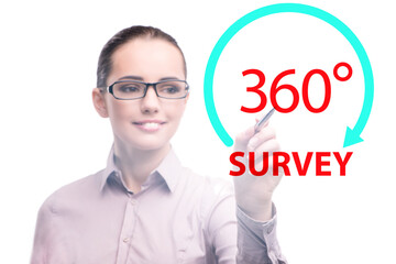 360 degree concept with businesswoman pressing button