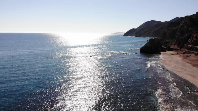 Aerial view of spanish coast, Sombrerico Beach, Mojacar in Almeria Spain. Traveling and enjoying the Mediterranean sea.