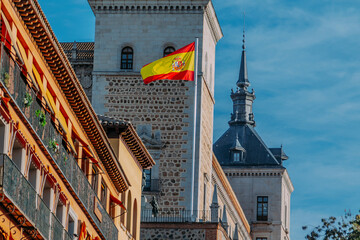 Toledo city hall with flag, Spain, Europe - obrazy, fototapety, plakaty