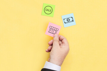Obraz premium Colored stickers with the image of the store, dollars, the inscription Sale