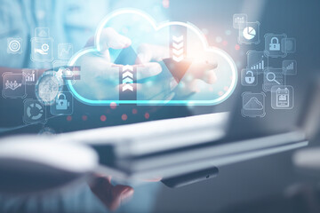 businessman using laptop Show cloud computing business storage system Business network via wireless internet

