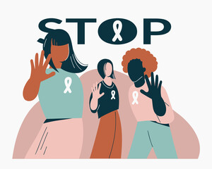 Gender violence concept Women show stop gesture or sign protest against racial or gender discrimination. International day for elimination of violence against women. Flat vector illustration, poster