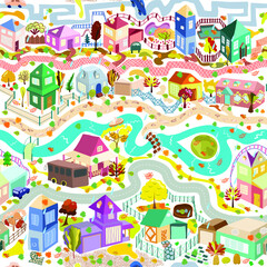 Houses with roads, a river, cars. Seamless pattern. Autumn cartoon background with houses.