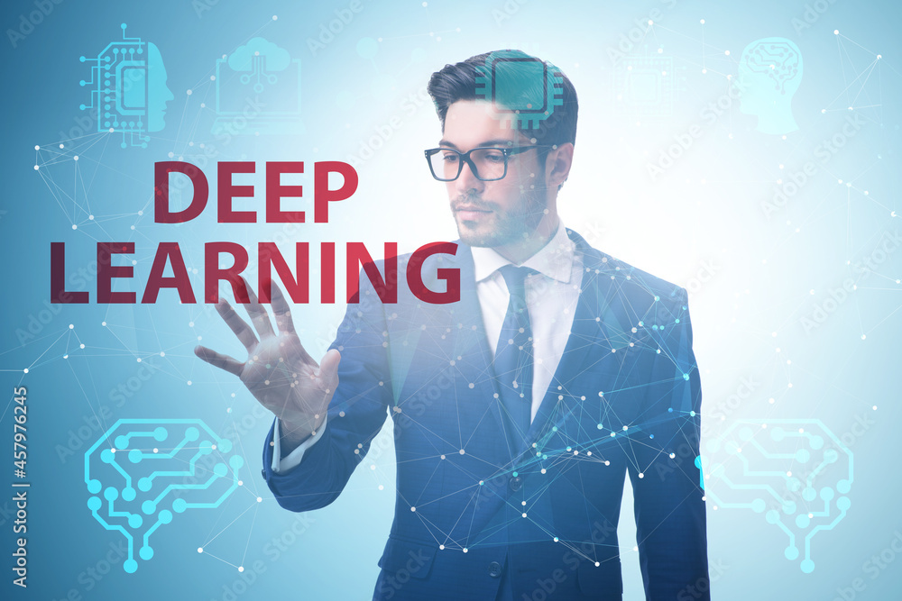 Poster deep learning concept with businessman pressing button