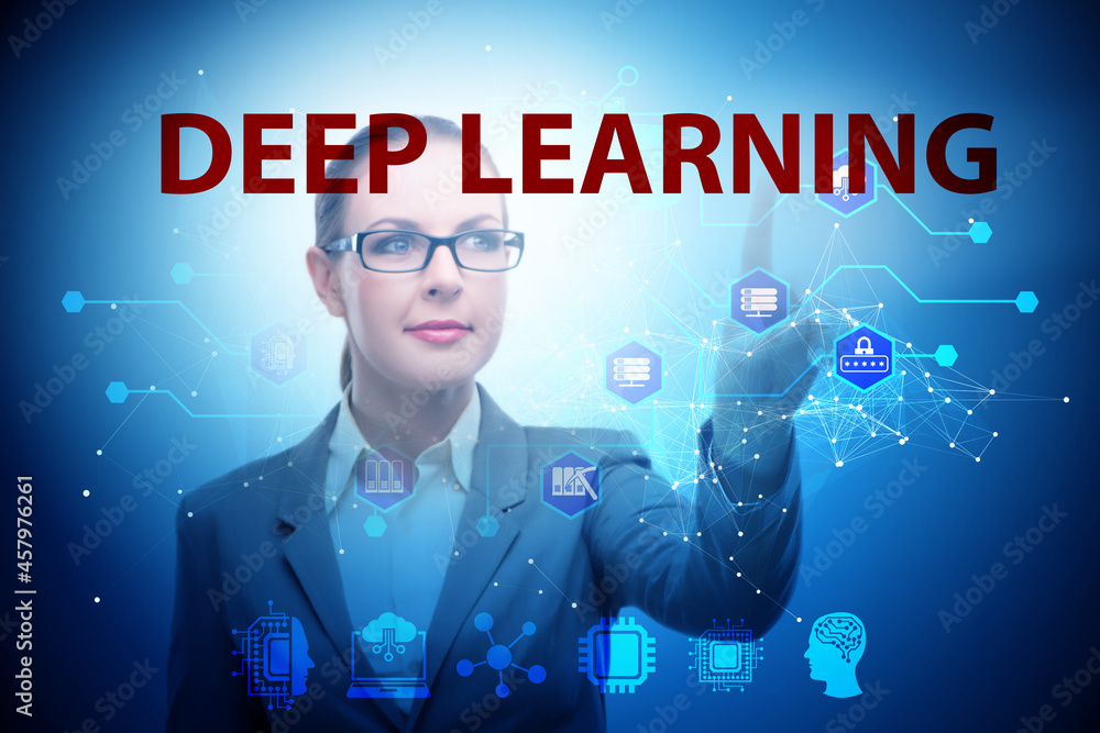 Poster deep learning concept with businessman pressing button