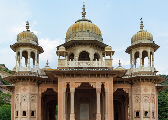 Amazing view of memorial grounds to Maharaja Sawai Mansingh II and family constructed of marble. Gatore Ki Chhatriyan, Jaipur, Rajasthan, India.