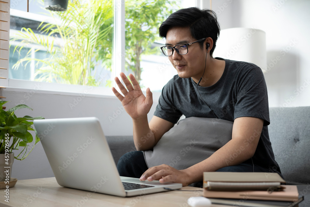 Poster smiling man having video call with computer laptop on sofa in living room.