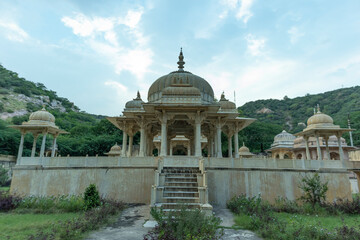 Amazing view of memorial grounds to Maharaja Sawai Mansingh II and family constructed of marble. Gatore Ki Chhatriyan, Jaipur, Rajasthan, India.
