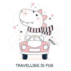 Cute traveler dinosaur rides in the car