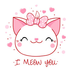 Cute Valentine card in kawaii style. Lovely cat with pink bow and hearts