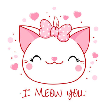 Cute Valentine card in kawaii style. Lovely cat with pink bow and hearts