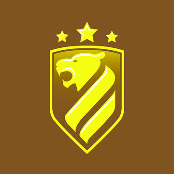 Lion Head with star in Golden shield emblem badge logo design