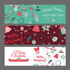 Set of web banners with Christmas design elements in doodle style. Christmas cards. Vector