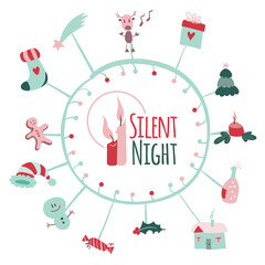 Christmas post card with merry xmas doodles and modern Christmas insignia. Callygraphic logo. Vector