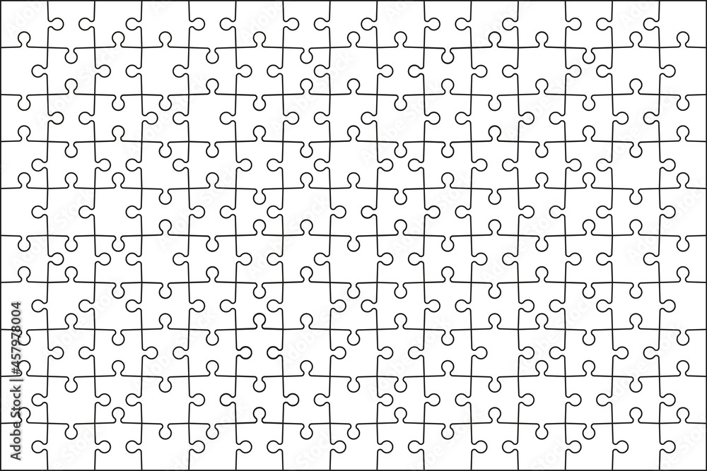 Poster Puzzle piece pattern. Template of jigsaw. Grid of scheme. Outline square for game. Black texture of puzzle on white background. Part of jigsaw for team logic. 150 pieces of contour mosaic. Vector.