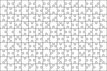 Puzzle piece pattern. Template of jigsaw. Grid of scheme. Outline square for game. Black texture of puzzle on white background. Part of jigsaw for team logic. 150 pieces of contour mosaic. Vector.