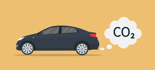 Car exhaust. Co2 smoke cloud from car. Icon of carbon emission from vehicle. Transport pollute air. Illustration for save environmental, ecology and atmosphere. Concept of clean ecosystem. Vector