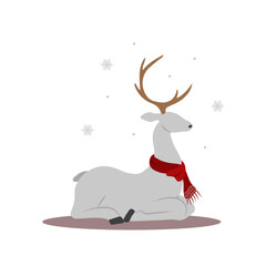 Christmas reindeer in scarf. Cute deer with antlers. Winter design element. Vector illustration in flat cartoon style.