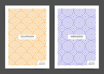 Rounded monochrome pattern design for poster, book cover, brochure or background. Asian ocean circles and waves geometric backgrounds set. minimal wavy geometry concept. Vector Blue and yellow design.
